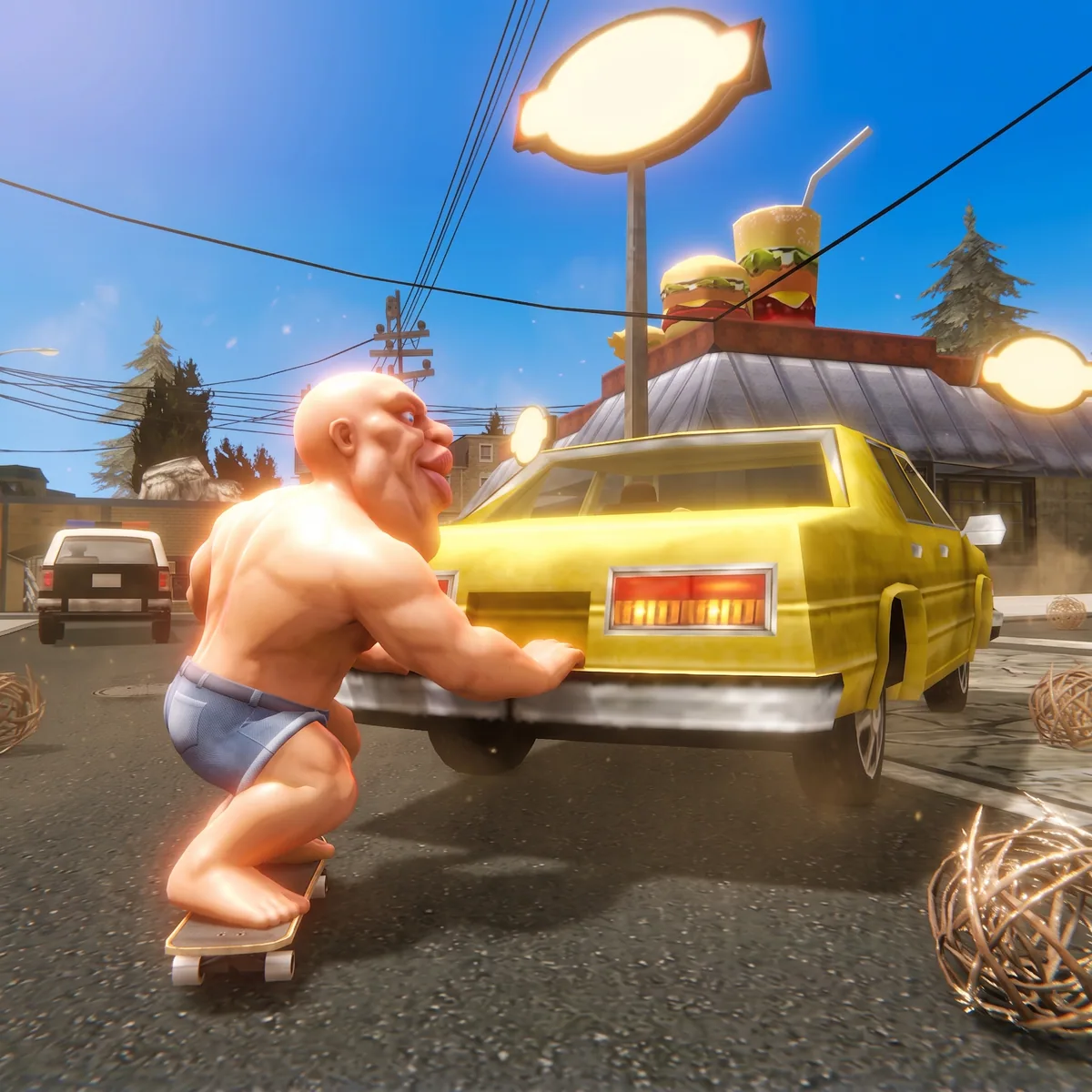 Pushing a yellow car while riding a skateboard