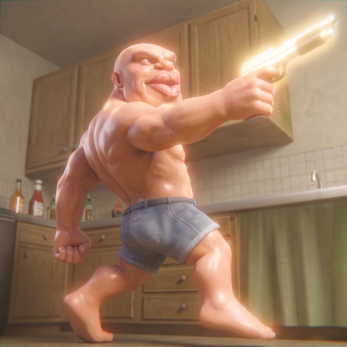 Firing a pistol in a kitchen