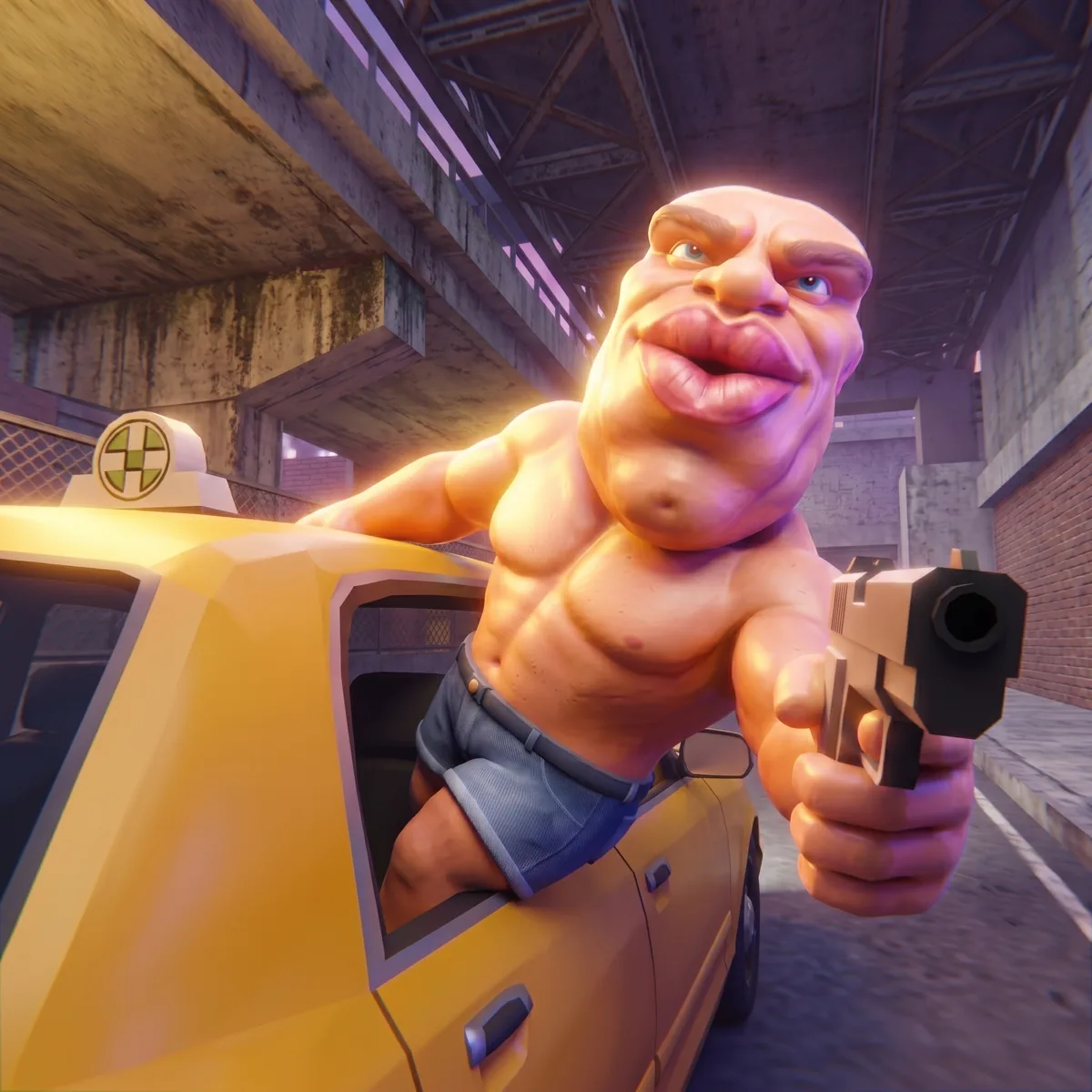 Leaning from a yellow taxi with a pistol