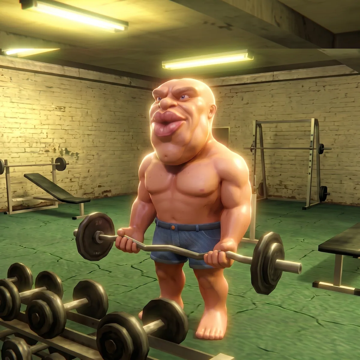 Lifting a barbell in a basement gym