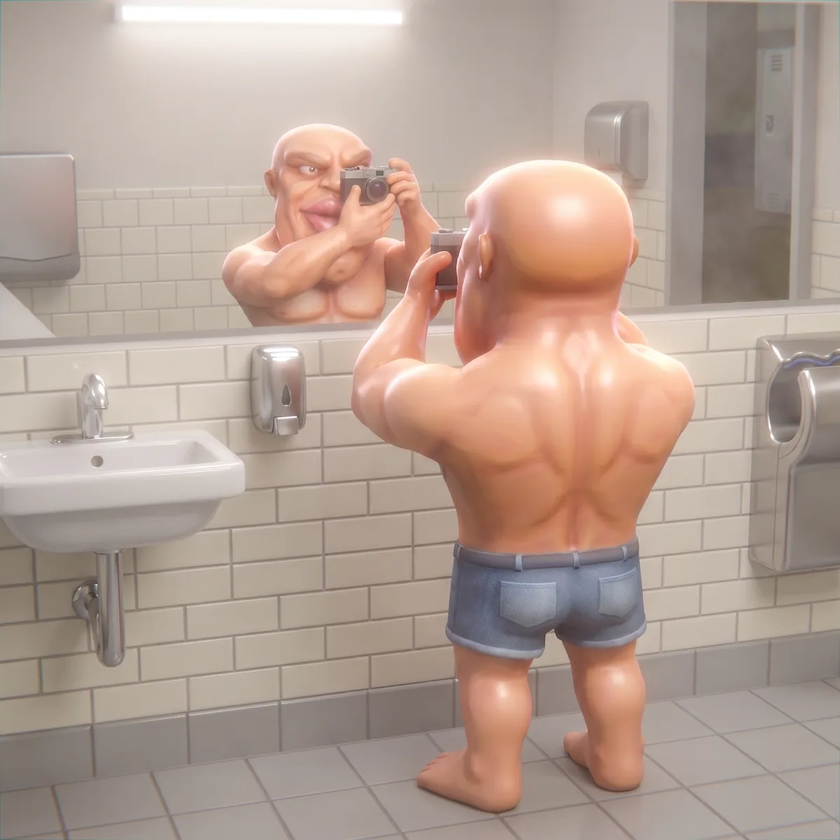 Taking a mirror photo in a tiled bathroom