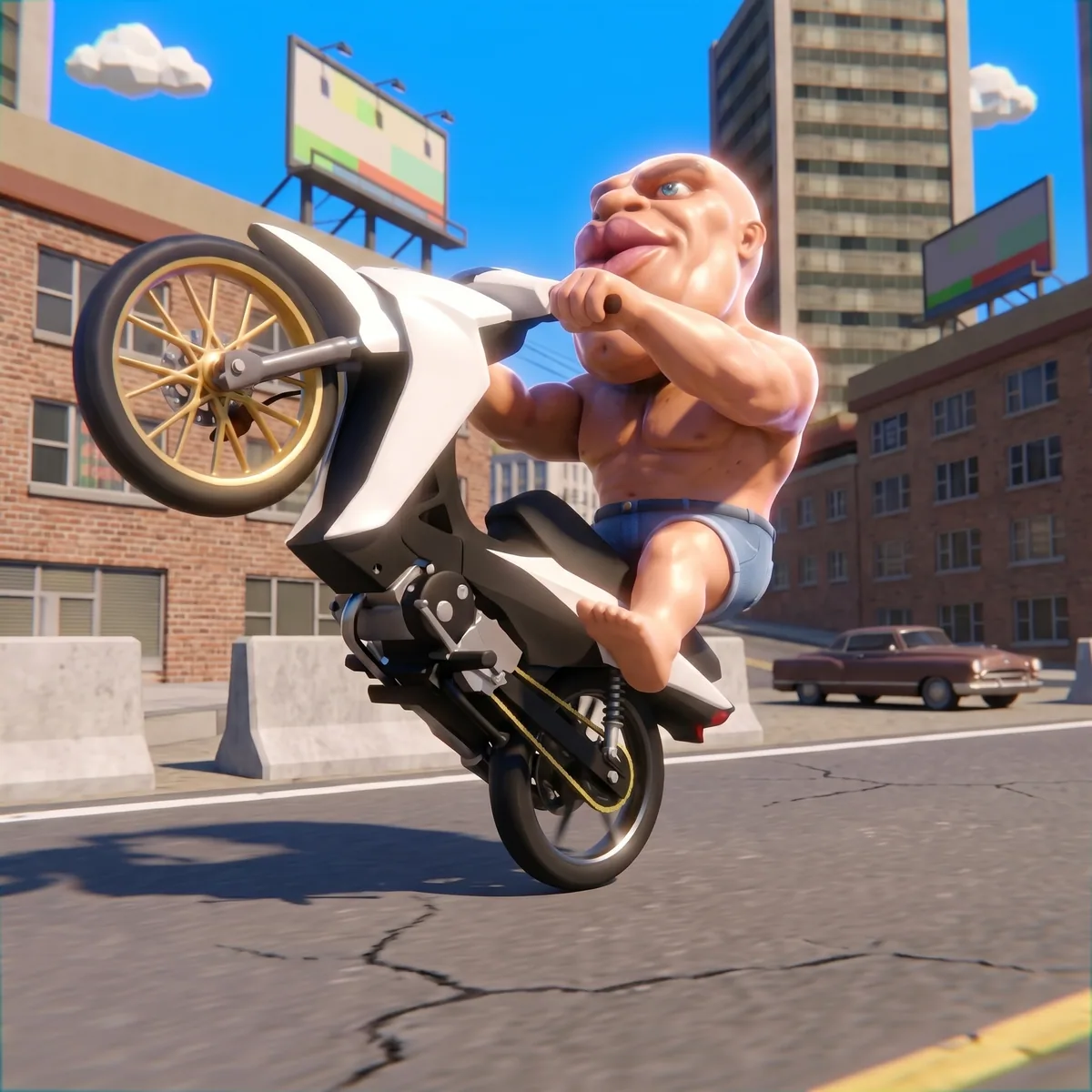 Riding a motorbike on one wheel through the city