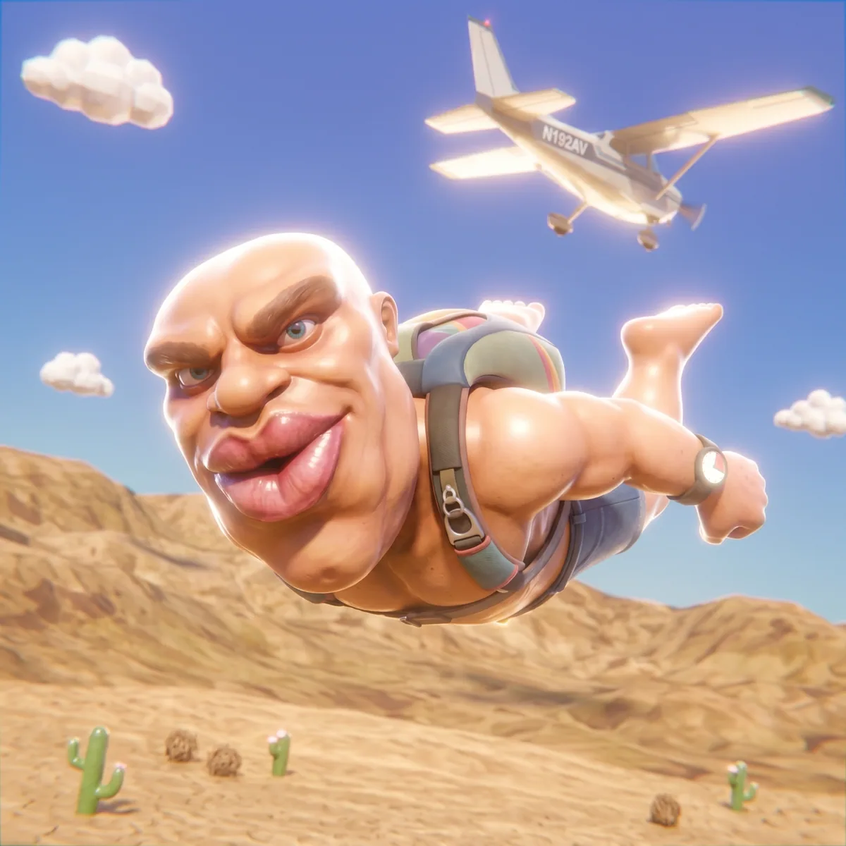 Skydiving over a desert beneath a small plane