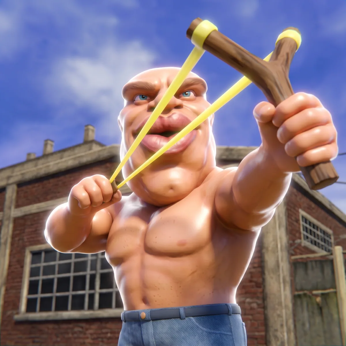 Aiming a slingshot outside a brick warehouse