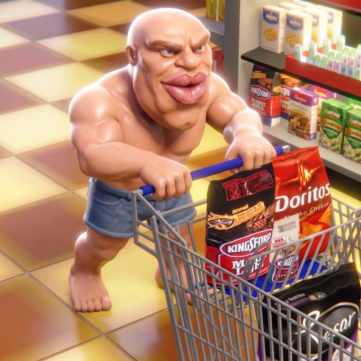 Pushing a trolley full of snacks through a shop