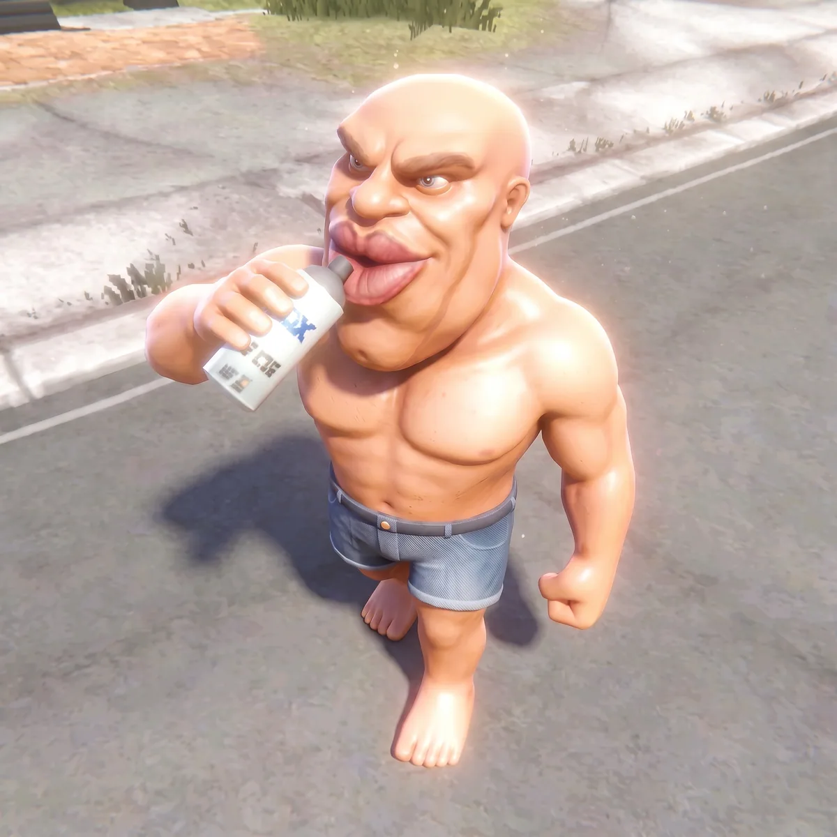 Drinking from a bottle while walking down a street